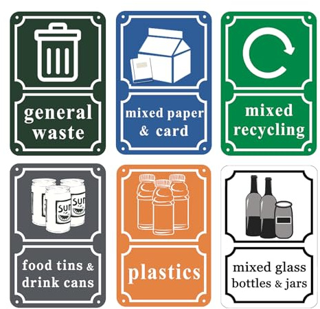 Yuzkouge Recycling Bins Stickers Self Adhesive Aluminum Sign 6 Pack | 150 × 100 mm Waterproof General Waste Decals Removable Mixed Recycling Signs for Outdoor