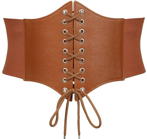 LEACOOLKEY Cintura Corsetto Elastica Larga Donna Vintage con Lacci Stile Waspie per Costumi e Abiti,Marrone