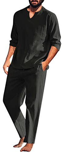 GXYANiaoy Completo Estivo Uomo - 2 Pezzi Estiva Casual Tuta Per Spiaggia Completa Leggeri Moda Lino Manica Lunga + Pantaloni Con Coulisse Colore Puro Comodi Completi Uomo S-2XL