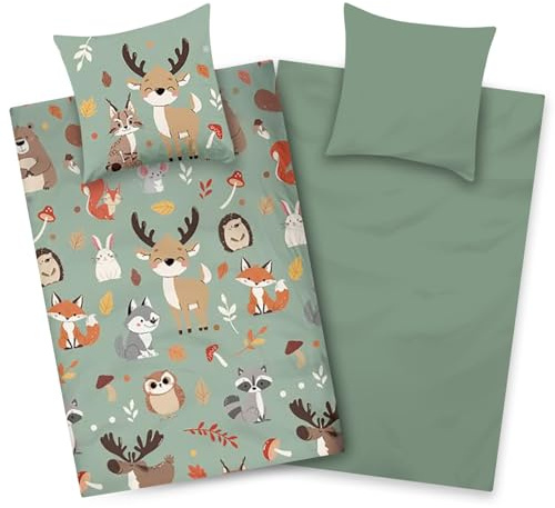 Aminata kids Bettwäsche 135x200 cm Waldtiere für Kinder 100% Baumwolle Hirsch Fuchs Eule Hase für Jungen & Mädchen mit Reißverschluss