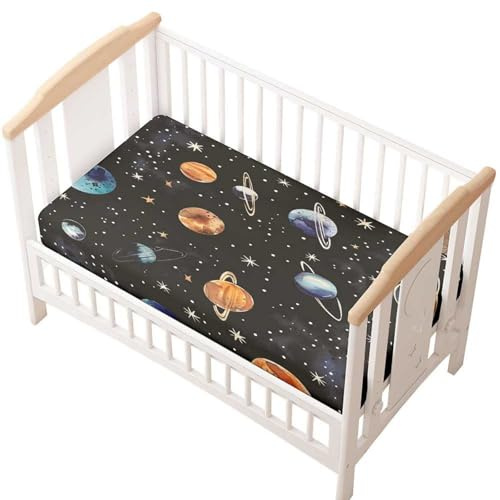 Odot Sábana Bajera Cuna, Sábana Bajera Ajustable Carrito Sabanas Minicuna Microfibra Patrón Planeta Dibujos Animados 3D Funda Colchón para Cochecito Carro Capazo (Universo,80x40cm)