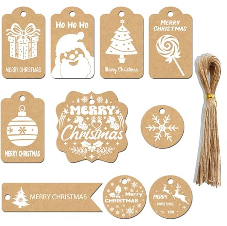 Gleemix Geschenkanhänger Weihnachten, 50 Stück Weihnachten Kraftpapier Geschenkanhänger, Weihnachtsanhänger Set mit 50 Stück Jute Schnur für Weihnachten Deko