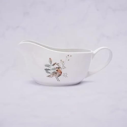 New Festive Robin & Foliage Porcelain Gravy Boat – 300ml Capacity, Seasonal Christmas Tableware, Dishwasher & Microwave Safe, Elegant Holiday Dining Serveware -M50