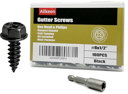Allkeen #8 x 1/2 Gutter Screws Hex Head Self-Tapping Screws Black Ruspert Finish, 100 Pieces, 1/4 Magnetic Driver Included