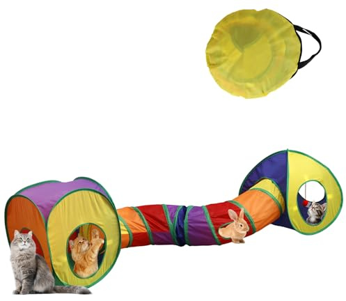 3 In 1 Katzentunnel Outdoor aus Polyester 200cm Spieltunnel Katze Reißfestigkeit Rascheltunnel Katze mit Seil, Kugel, Glocke Stabil Abnehmbar Interaktives Katzenspielzeug für Ausflüge Picknicks Gärten