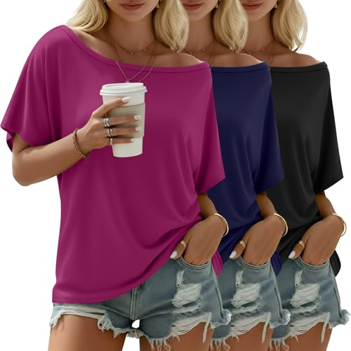 Riyiper Paquete de 3 Camisetas de Mujer con Hombros Descubiertos, Blusas holgadas y fluidas de Manga Corta, Camisetas Verano | Camiseta de manga corta para mujer, holgada, casual, básica, de verano, túnica de entrenamiento atlético