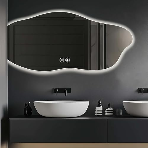 GXSDYYDS 120×60cm Badezimmerspiegel mit Beleuchtung, Asymmetrischer Badezimmer Wandspiegel, Bad Spiegel mit LED licht, Touch Schalter, Beschlagfrei, 3 Farben Dimmbar, IP66(120×60CM)