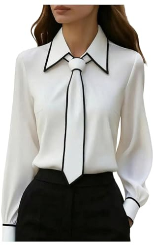 GORGLITTER Women's Contrast Binding Long Sleeve Button Down Business Work Casual Blouse Shirts with Tie White Medium