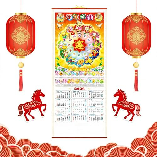 Chinese New Year Calendar, Scroll 2026 Year of Horse Wall Calendars, Chinese Lunar Calendar Zodiac Animals Monthly Hanging Calendars, Home Decor for Home Office Decor