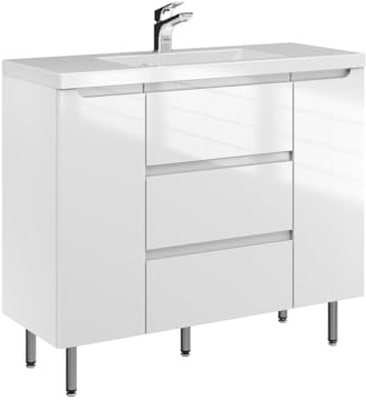 Furni ETH 100 cm D Badezimmer Waschtischunterschrank mit Waschbecken - Standschrank - Hochglanz Weiß - Modernes Design mit integrierten gefrästen Griffen - Keramik Waschbecken - vormontiert