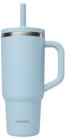 QWETCH Taza Térmica de Viaje Isotérmica 900ml Estanca con Pajita Plegable – Taza Isotérmica de Acero Inoxidable Reciclado con Asa – Mantiene 48h Helado / 12h Frío – Termo Isotérmico – Botella