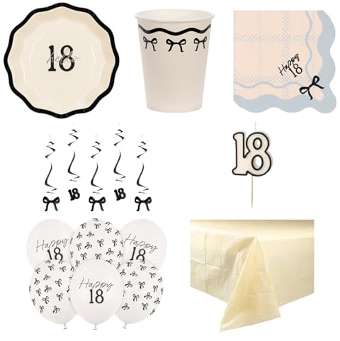 Elegant Milestone 18th Birthday 6 Person Deluxe Party Pack – Party Set with Tableware, Balloons, Swirls & Candle
