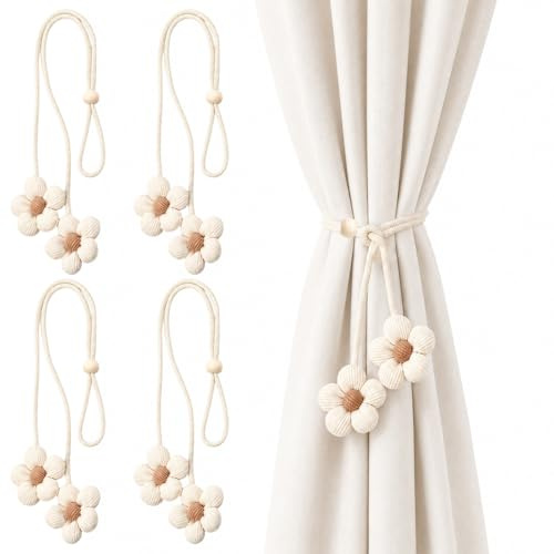Curtain Tiebacks, 4 Pack Curtain Rope Buckle Elegant Boho, Tie Backs for Curtains Flower Rope, Hand-Knitted Cotton and Linen Curtains Tiebacks, for Home, Office, Living Room, Bedroom