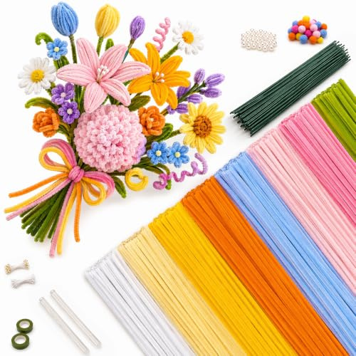 OVIANOR Limpiapipas Manualidades 500PCS, Limpia Pipas 8 Colores | Incluye Pistilos, Alambres Florales, Cuentas y Guía, limpiapipas para Flores DIY, proyectos