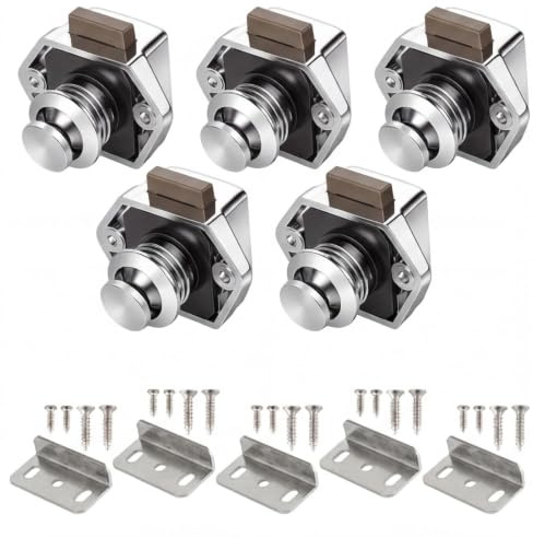 Dexpally 5 Pièces Bouton Poussoir Loquet Sans Clé Serrure Tiroir et Verrou Porte Placard Loquet de Verrouillage de Porte pour Camping Car Caravane Van et Yacht Portes Tiroir Placard (Nickel)