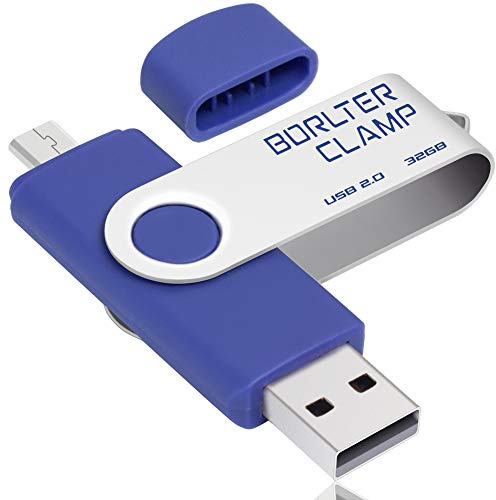 BORLTER CLAMP 32GB Memory Stick Dual USB Flash Drive, OTG Swivel Thumb Drive with Micro USB Drive Port for Android Smartphone Tablet and Computer (Blue)