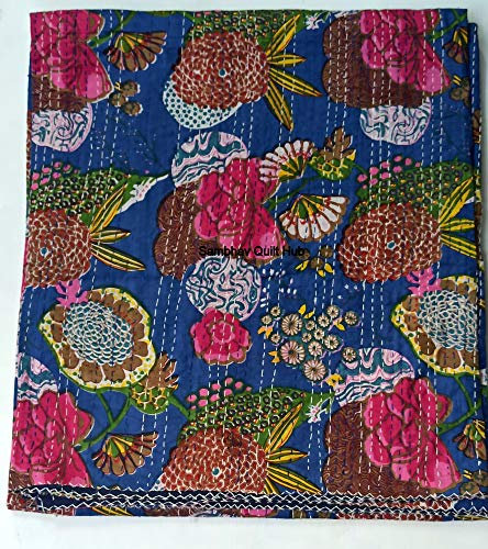 Blaue Früchte Kantha mit 2 Kissenbezügen Vintage Ethno Floral Baumwolle Quilting Fruit Kantha Quilt Tagesdecke Patchwork Stitch Decke Twin/Queen/California King Size (274 x 274 cm)
