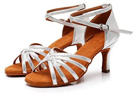 Rosefinch Women's Latin Dance Shoes Satin Professional Ballroom Salsa Practice Performance Wedding Dancing Shoes,Dance High Heels for Women Silver 2.75 inch Heel