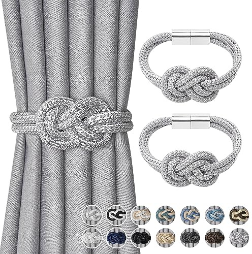 NICEEC 2 Pack Mini Magnetic Curtain Tiebacks Nordic Simple Style Drape Tie Backs Elegant Hand Weave Rope Knot Decorative Curtain Holdbacks for Home & Office Thin Window Drapery (Silver Grey)