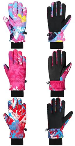 Geyoga 3 Pairs Kids Winter Ski Gloves Waterproof 3Color 6-10Y