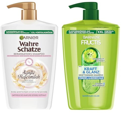 Garnier Wahre Schätze Beruhigendes Shampoo Sanfte Hafermilch, XXL Formal 1L & Fructis Kraft und Glanz kräftigendes Shampoo XXL