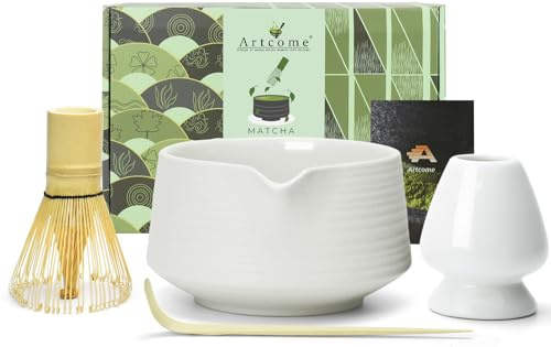 Artcome Matcha Tool Set - Complete Kit with Matcha Bowl with Spout, Bamboo Whisk, Tea Scoop & Whisk Holder, Porcelain White