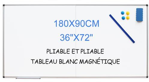 XIWODE grand tableau blanc pliable aimants 180x90cm cadre en aluminium mural pour Réunion/home rangement 90x90cm(Plier et accrocher le tableau blanc 3672)