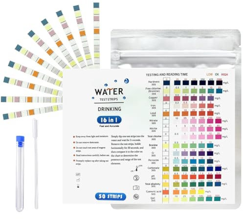 GJKLO 50 tiras de prueba de agua potable, prueba de dureza del agua, prueba de calidad del agua, tiras de prueba de agua potable 16 en 1 para prueba de calidad del agua en el hogar
