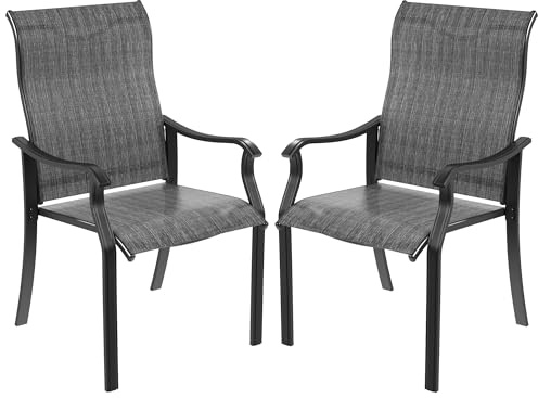 Amopatio Set med 2 trädgårdsstolar, hög ryggstöd, trädgårdsstol i metall, stolar, väderbeständig, stol med armstöd, balkongstol, terrassstolar, trädgårdsfåtölj för trädgård, terrass, balkong, grå