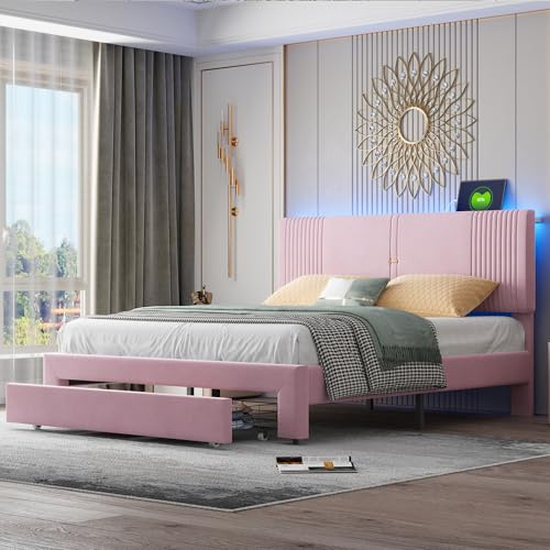 Polsterbett 160x200 cm, Doppelbett mit LED Lichtleiste&USB-Ladeanschlüsse&Goßer Schublade, Stauraumbett Funktionsbett Bettgestell mit Höhenverstellbarem Kopfteil&Lattenrost, Samt, Ohne Matratze, Rosa