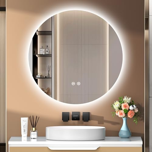 PESENXAN Badezimmer Spiegel mit Beleuchtung, 60cm LED Bad Spiegel mit 3 Lichtfarben, Dimmbar, Touch-Schalter, Speicherfunktion, Energiesparend Runder Badezimmerspiegel