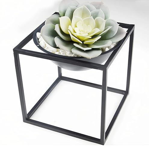 Schmiedeeiserner Blumentopf Geometrischer Eisen-Rack-Halter Metall-Ständer Schwarz Rund 22 cm Pflanzen-Blumenständer mit Übertopf für Sukkulenten, Kräuter, Kaktus, Pflanzen, Fensterbank-Dekoration