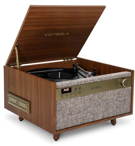 Victrola Century – 6-i-1 vinylskivspelare och musikcenter med 3-hastigheters skivspelare, CD- och kassettspelare, Vinyl Stream, Bluetooth, 3,5 mm Aux, inbyggda högtalare (Valnöt)
