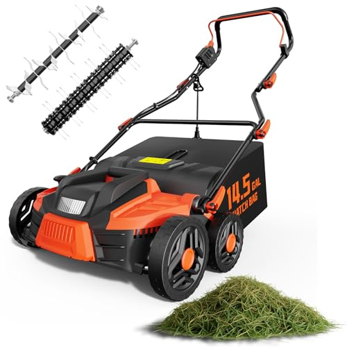 Grelawner 15.5 Amp 16-Inch Dethatcher and Scarifier, Lawn Dethatcher with Foldable Design, 14.5-Gallon Bag, 5-Position Depth Adjustment, Quick Blade Change, Ideal for Healthy Lawn Care - Orange