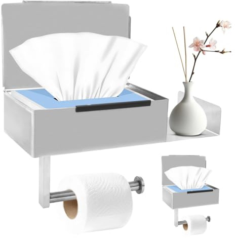 Toilettenpapierhalter Ohne Bohren, Klopapier Aufbewahrung mit Ablage und Feuchttücherbox, Wc Papier Halterung, Edelstahl Toilet Paper Holder für Badezimmer, Küche, Toilette