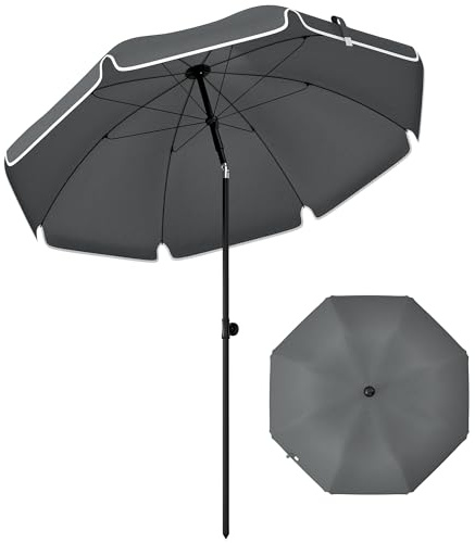 Outsunny 1.8 m Beach Umbrella Parasol with Sand Anchor, Portable 30° Tilting Patio Sun Shade with Adjustable Height, Carry Bag, UV Protection, Dark Grey