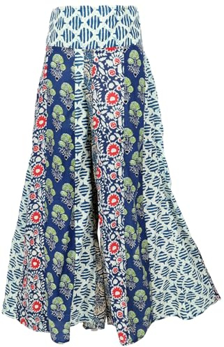 GURU SHOP Patchwork Palazzohose, Hippie Chic Schlaghose, Boho Hosenrock - Blau, Damen