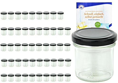 MamboCat 50er Set Sturzgläser 167 ml Deckelfarbe schwarz to 66 inkl. Diamant Gelierzauber Rezeptheft, Marmeladengläser, Einmachgläser, Einweckgläser, Gläser
