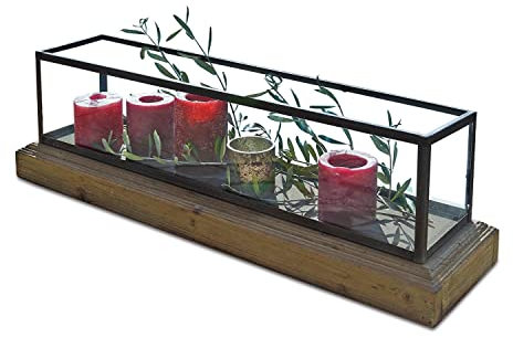 Loberon Windlicht Curgy - Stilvoller Stahl-Rahmen mit Glas, Tannenholzfuß, Vielseitig, 44.5x13 cm, braun/klar