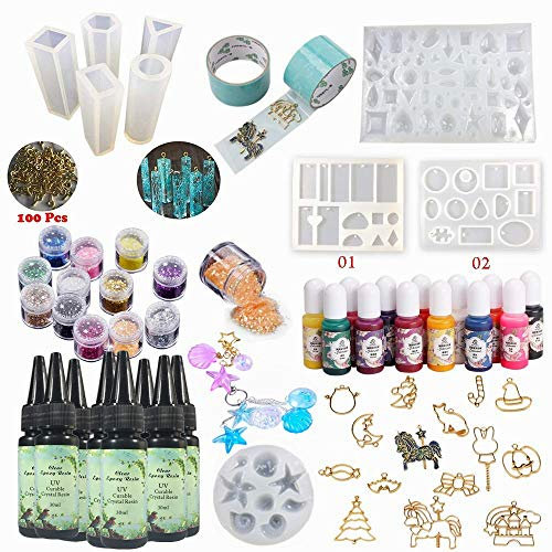 8x UV Epoxidharz Kristallklar Schnell Trocknend mit Sonnenlicht 13 Flüssige Farbe Farbstoffe 9 Formen 17 Blenden 12 Holographische Glitter Pailletten für Schmuck Anhänger Machen Harz Handwerk DIY