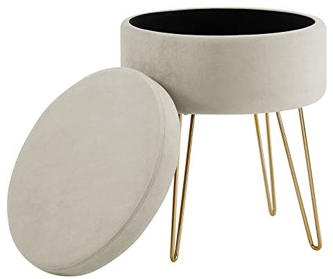 Zedelmaier Runder Sitzhocker Schminktisch Hocker Ottoman Gepolsterter Hocker Abnehmbarer Bezug Metallstütze (Beige)