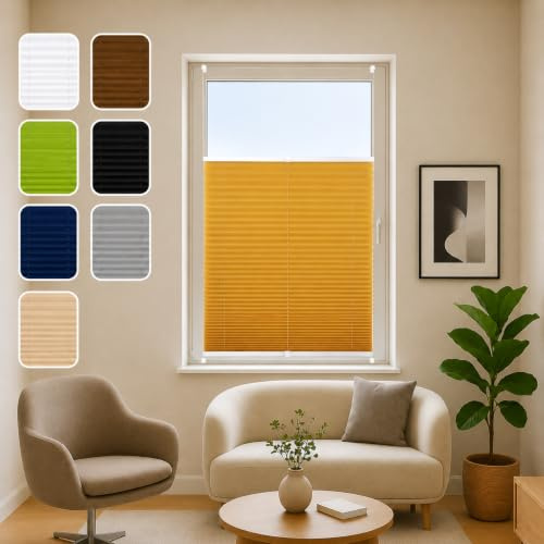 ondeco® Plissee ohne Bohren 100x130 cm Gold-Ocker | Blickdicht, Sichtschutz für Fenster & Tür | Easy-to-fix