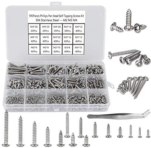 FandWay 595Pcs Self Tapping Screws 304 Stainless Steel,M2 M3 M4 Small Wood Screws Assortment,Pan Head Self Drilling Screw,Round Head Sheet Metal Screw Phillips Drive for DIY Wood Repairs.