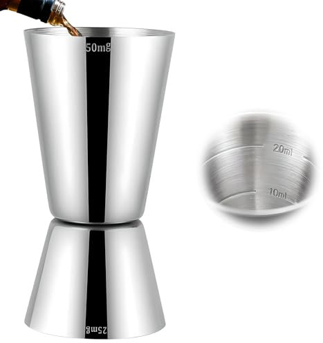 Delgeo Taza Medidora de Cóctel Doble de Acero Inoxidable, Escala Integrada, Taza Medidora Profesional de Bebidas de Barista (Plata, 25 x 50 ml)