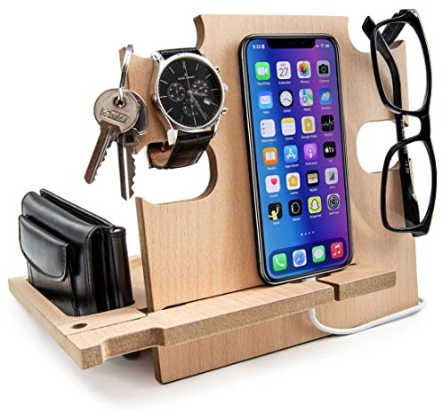 Docking Station in Legno Multifunzione: Organizer da Scrivania e Svuotatasche Design Moderno per Casa e Ufficio - Regalo Compleanno Uomo, Regalo Natale (Beige (naturale))
