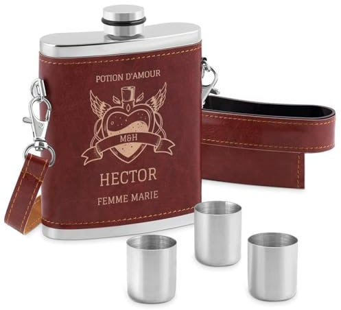 Maverton Flasque en Acier Brossé 250 ml pour lui, Pochette Personnalisée | En cuir en marron foncé, 3 x 12 ml verres à shot en acier inclus, Pour hommes, Pour anniversaire, Potion