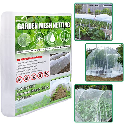 SnugNiture Garden Netting 10x33FT Ultra Fine Mesh Mosquito Netting Plant Covers, White Bird Netting Barrier Greenhouse Row Cover Protect Fruits Flower Vegetables from Birds Deer & Squirrels