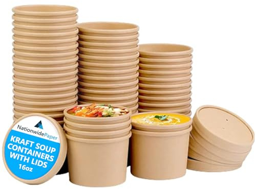 Recipientes desechables de papel kraft marrón de 16 onzas con tapas, 50 cuencos de papel para llevar, perfectos para recipientes de helado y delicatessen (475 ml)