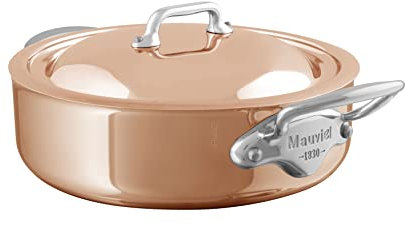 Mauviel M’6S 6-Ply Polished Copper & Stainless Steel Rondeau/Braiser Pan With Lid, And Cast Stainless Steel Handles, 3.2-qt, Made in France