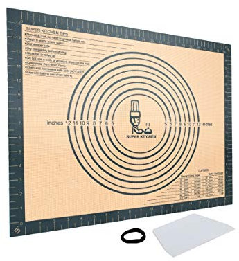 SUPER KITCHEN Tapete de Silicona Antiadherente para Pastelería con Cortador de Masa, Esistentes al Calor Tapetes para Amasar y Hornear, Bandeja Pizza Horno, Para Pan, Pasta, Fondant (50x40 cm, Gris)